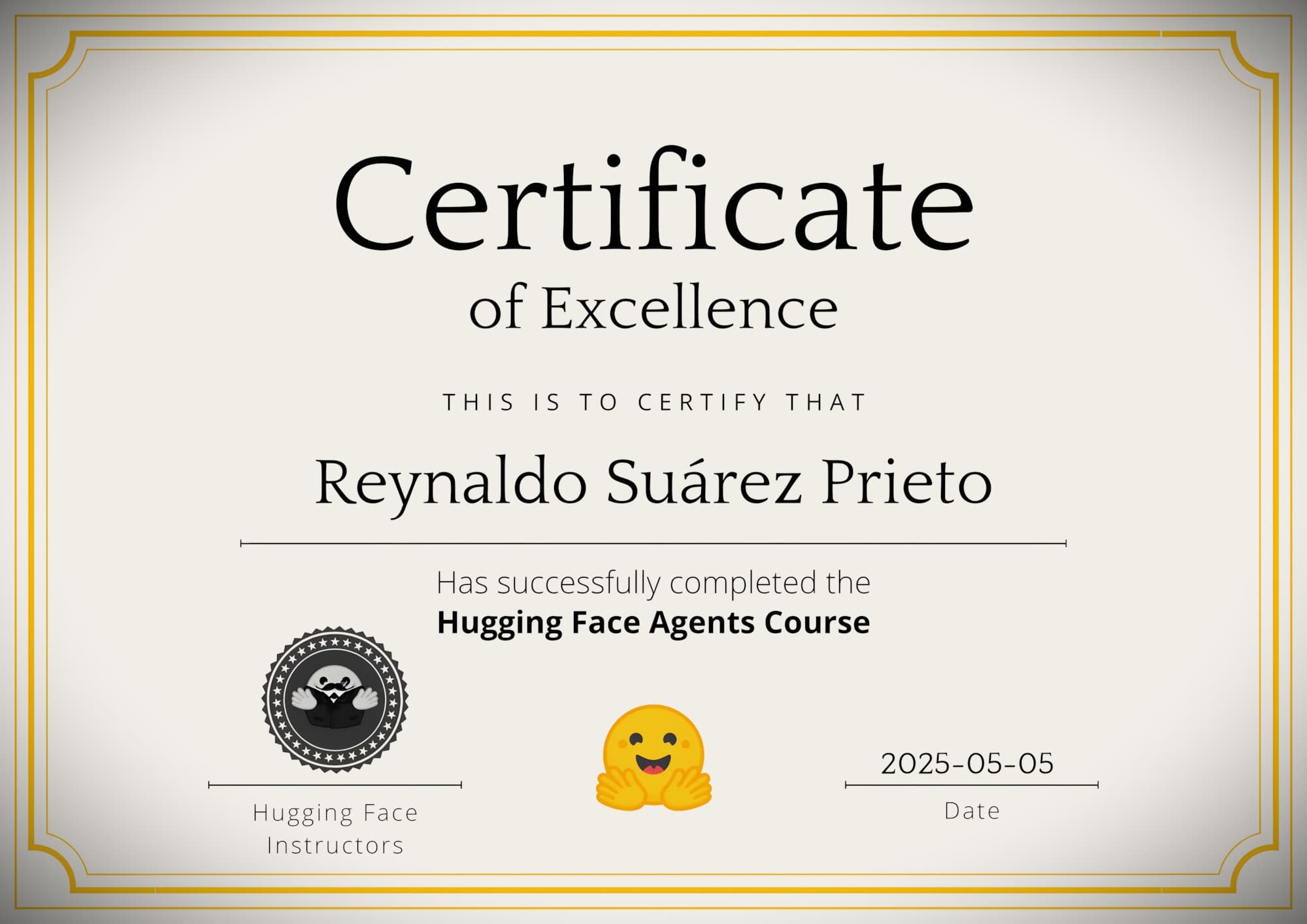 Certificación 'AI Agent Course Certificate of Excellence' - HuggingFace