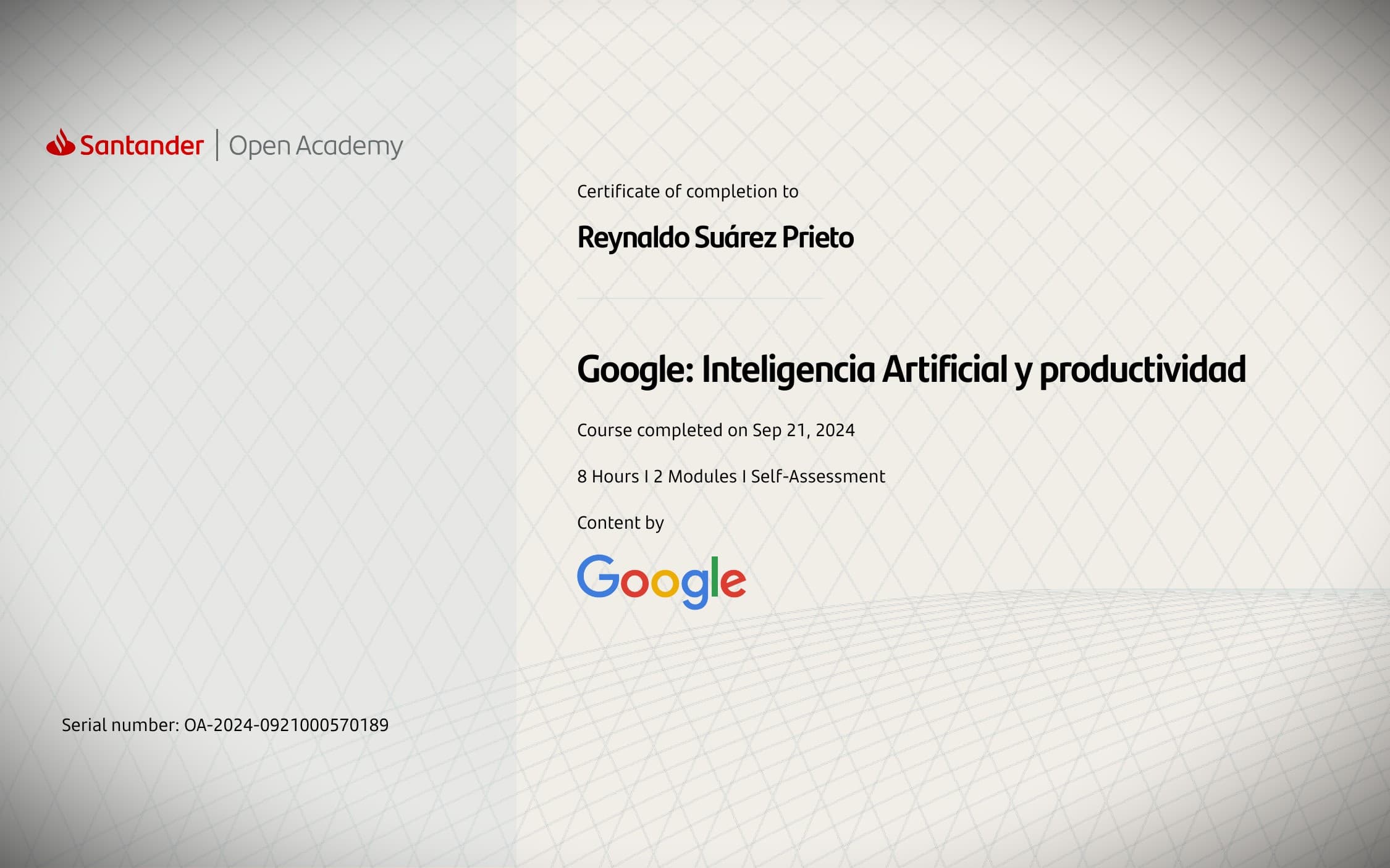 Certificación 'Google Inteligencia Artificial y Productividad' - Santander